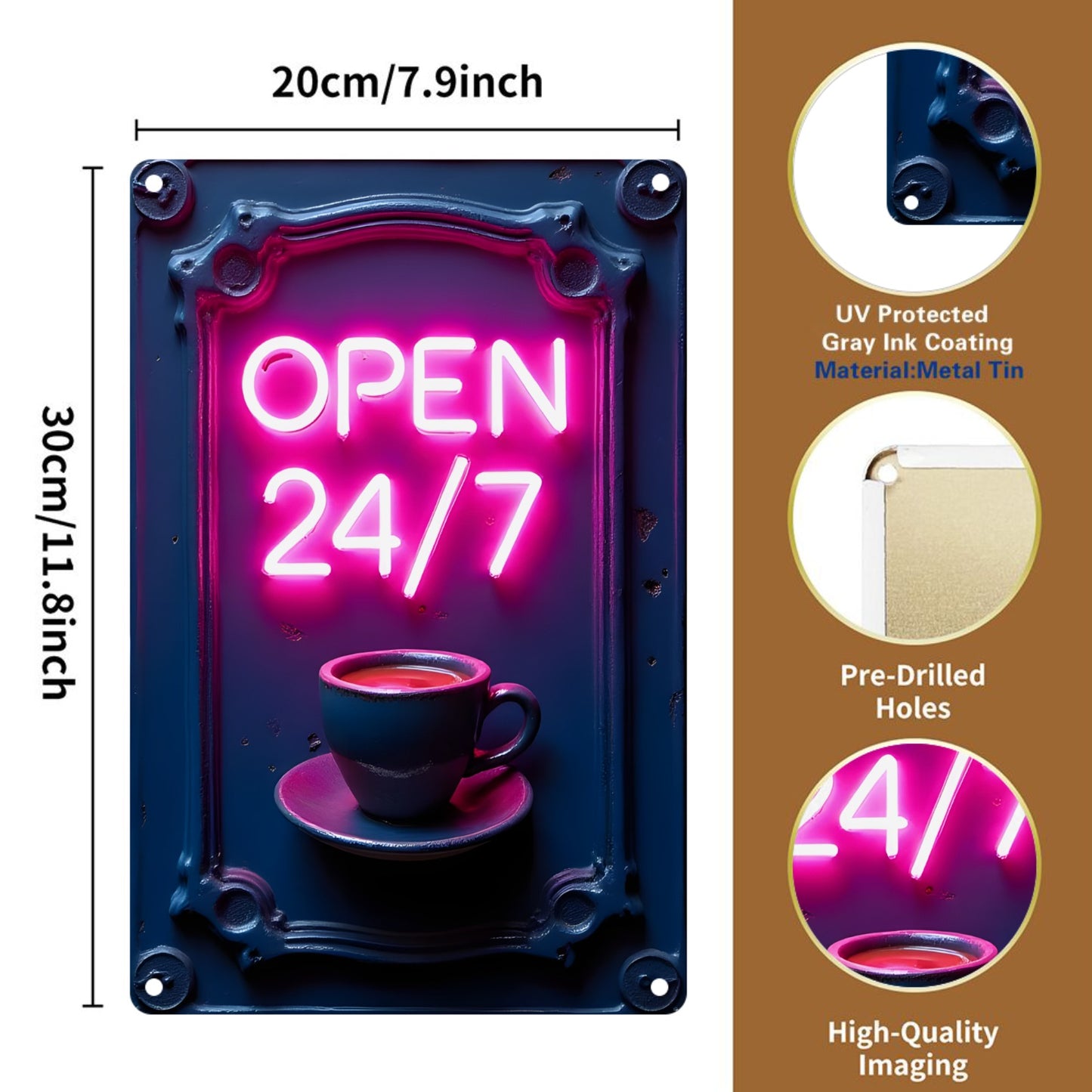"OPEN 24/7" funny metal tin sign, novelty plaque decoration, suitable for home decoration, wall decoration, bathroom decoration, bar decoration, garage decoration, farmhouse decoration, a good gift for people, 20cm*30cm