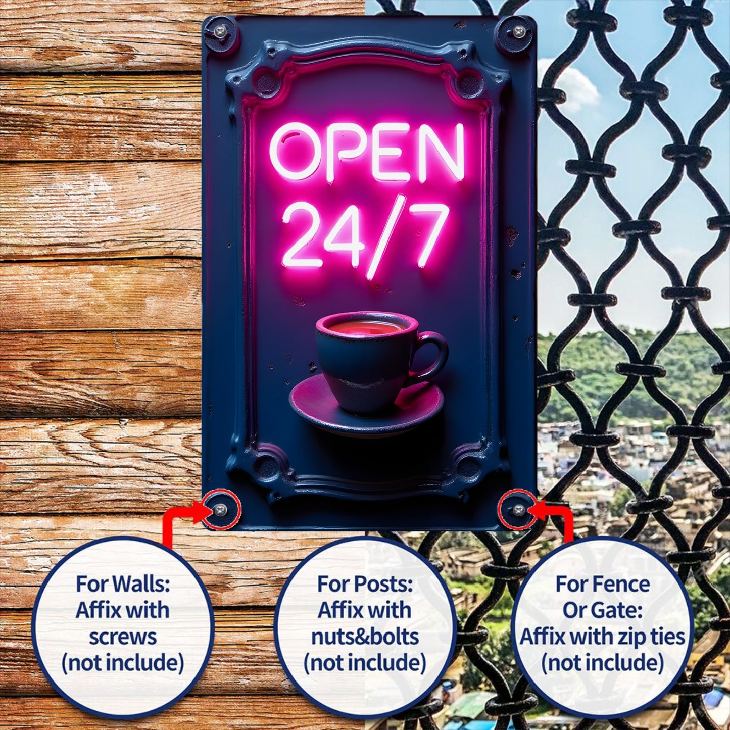 "OPEN 24/7" funny metal tin sign, novelty plaque decoration, suitable for home decoration, wall decoration, bathroom decoration, bar decoration, garage decoration, farmhouse decoration, a good gift for people, 20cm*30cm